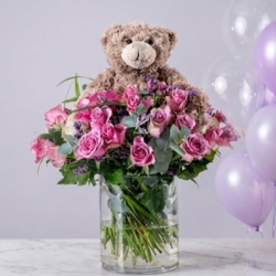 Lilac Love Rose Vase with Teddy