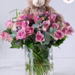 Lilac Love Rose Vase with Teddy